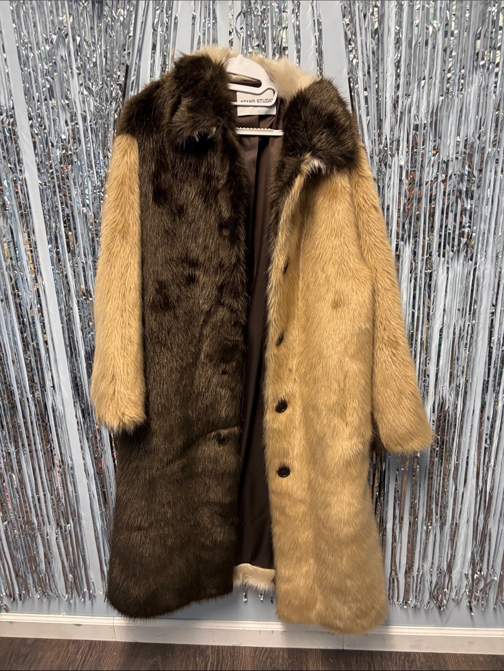 Stand Studio Two-Tone Faux Fur Trench Coat in Brown & Tan
